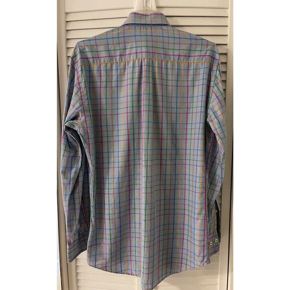 Peter Miller Men's Dress Shirt M Light Blue w/Orange/Red/Green Criss Cross A+ - Picture 3 of 3